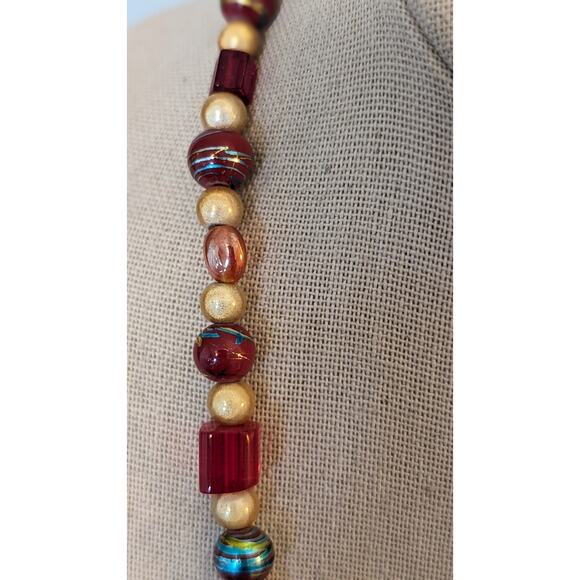 Vintage Metallic Drawbench, Square Lampwork, Art Glass 925 Clasp Bead Necklace - Picture 9 of 12